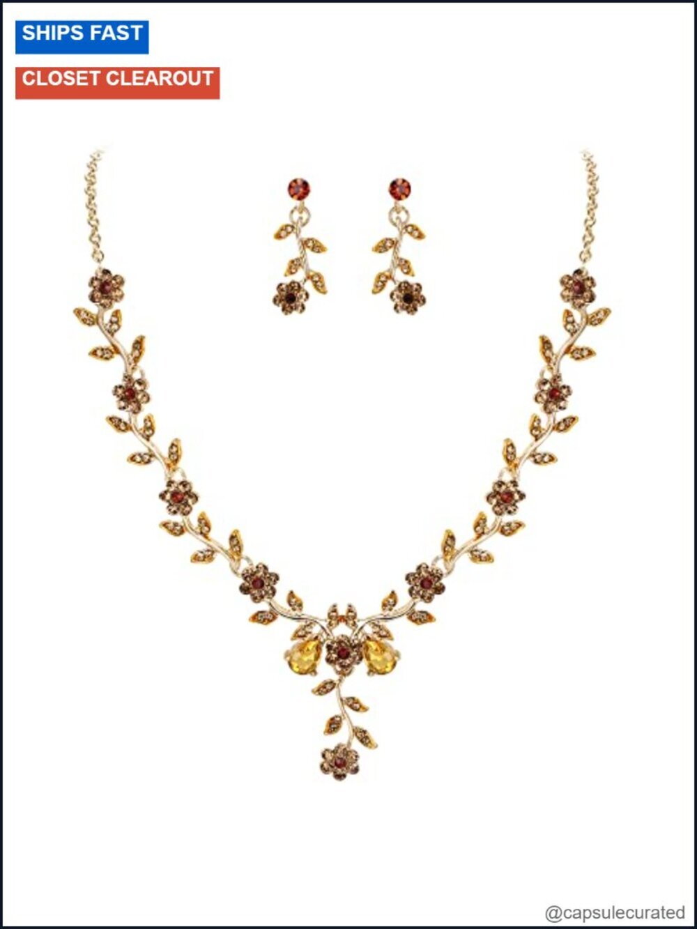 Crystal Leaf Flower Dangle Earrings Necklace Bridal Jewelry Set